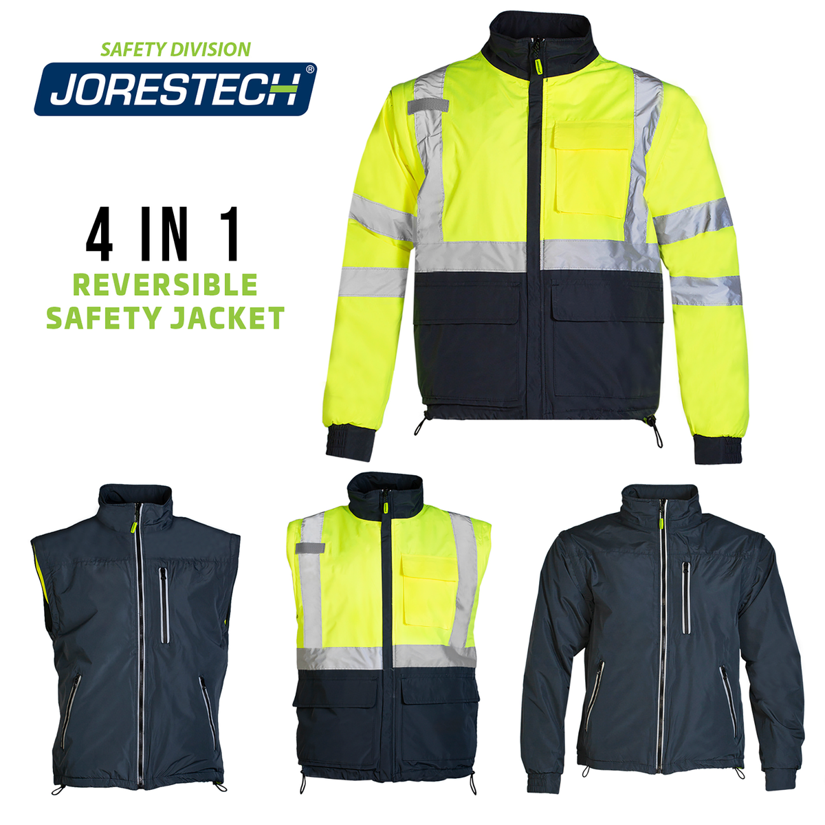 4 in 1 Hi-Vis Reversible Safety Jacket with Removable Sleeves
