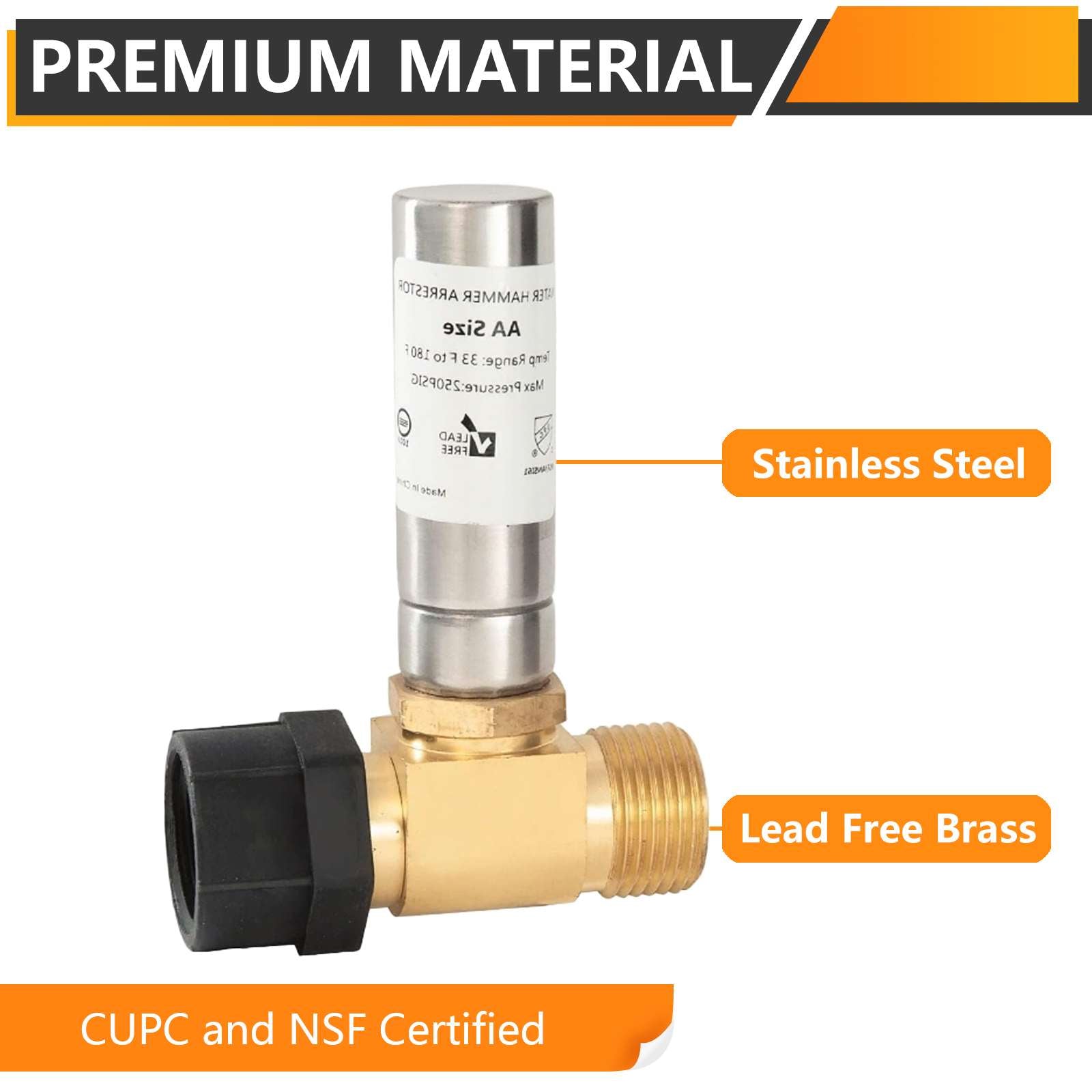 7/8" Female Swivel Ballcock Nut x 3/4" Male Thread, Water Hammer Arrestor Tee for Toilet