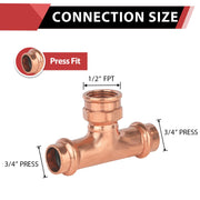 30 Pcs 3/4" x 3/4" x 1/2" Copper Press x Press x Female Thread Tee (Lead Free)