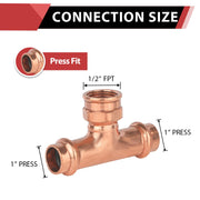 1" x 1" x 1/2" Press x Press x Female Thread Copper Tee (Lead Free)