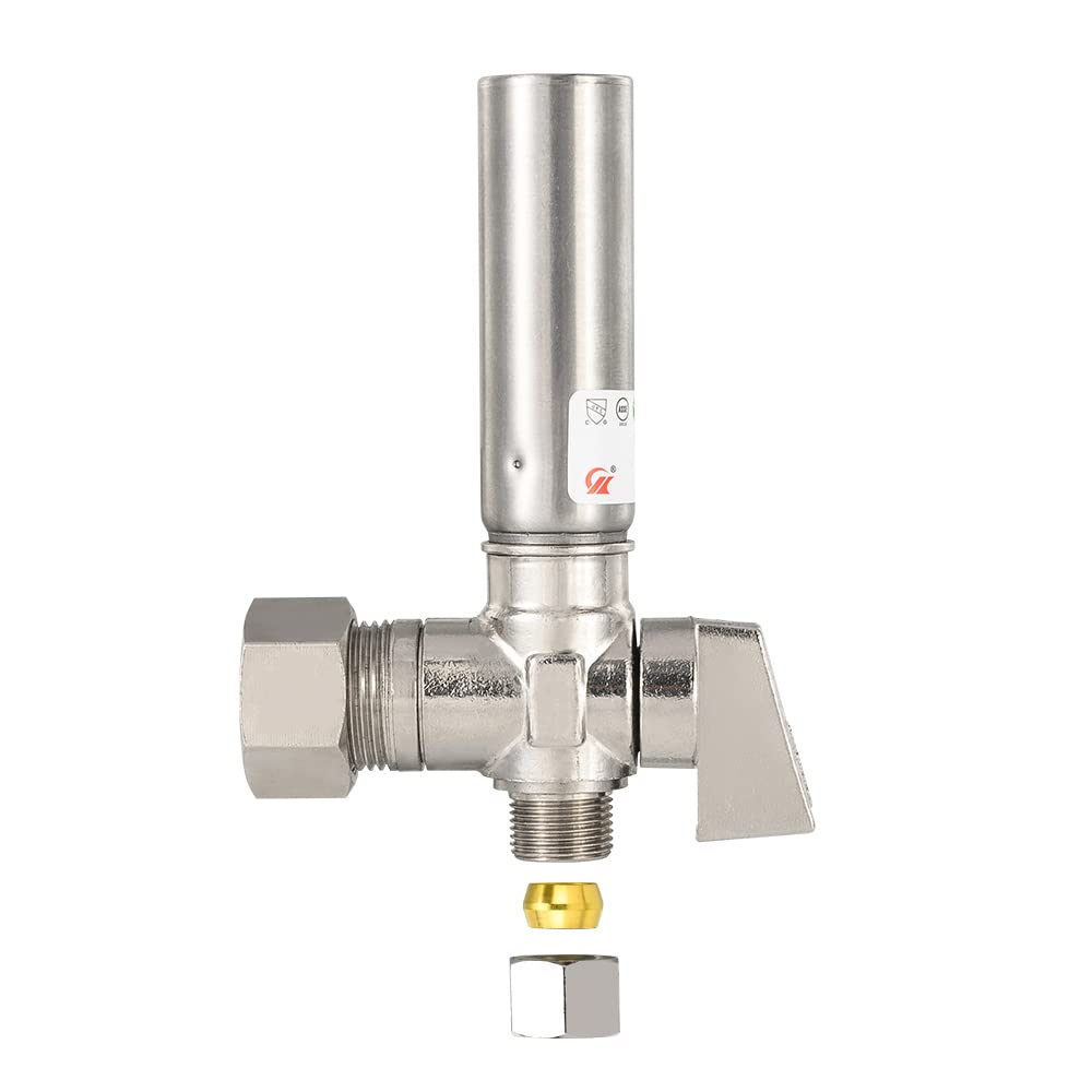 1/4 Turn Stop Angle Valve, 1/2" Nominal (5/8" OD) Compression x 3/8" OD With Stainless Steel Water Hammer Arrestor, Chrome Plated Brass
