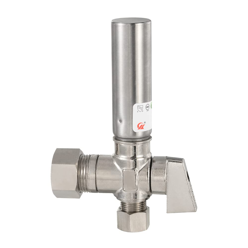 1/4 Turn Stop Angle Valve, 1/2" Nominal (5/8" OD) Compression x 3/8" OD With Stainless Steel Water Hammer Arrestor, Chrome Plated Brass