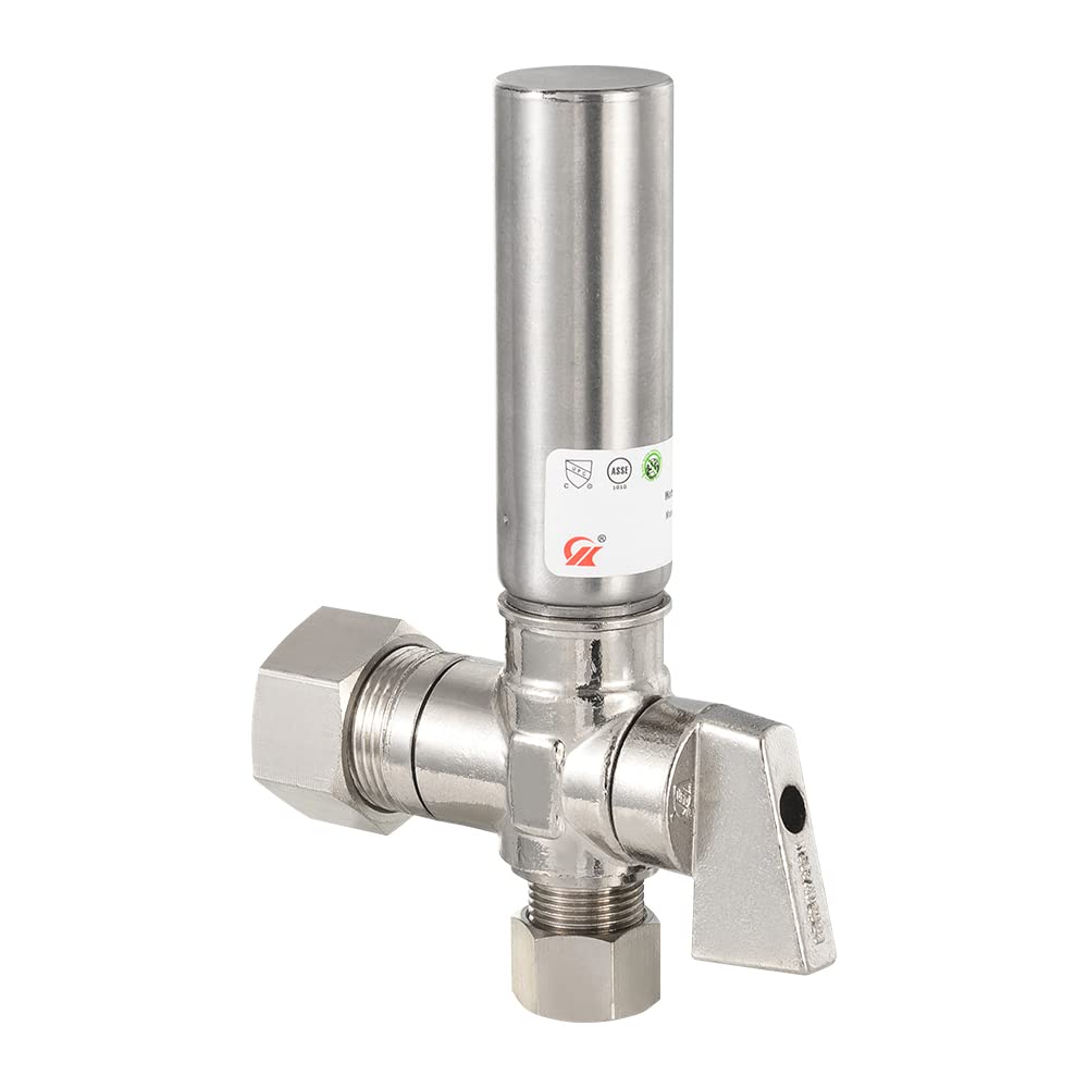 1/4 Turn Stop Angle Valve, 1/2" Nominal (5/8" OD) Compression x 3/8" OD With Stainless Steel Water Hammer Arrestor, Chrome Plated Brass