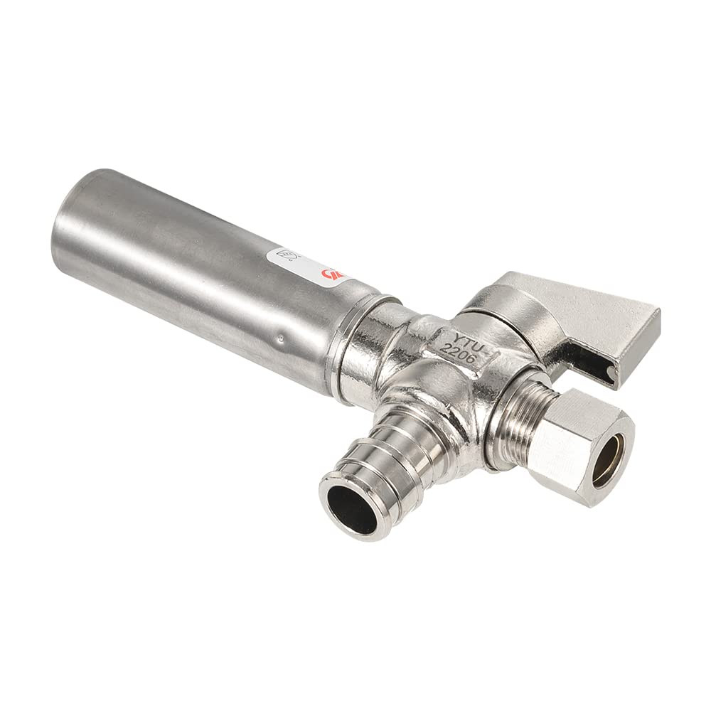 1/4 Turn PEX-A Cold Expansion Stop Angle Valve, 1/2" PEX Expansion x 3/8" OD With Stainless Steel Water Hammer Arrestor, Chrome Plated Brass