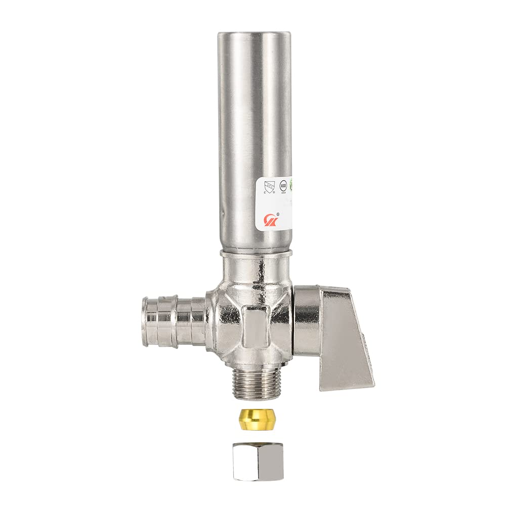 1/4 Turn PEX-A Cold Expansion Stop Angle Valve, 1/2" PEX Expansion x 3/8" OD With Stainless Steel Water Hammer Arrestor, Chrome Plated Brass