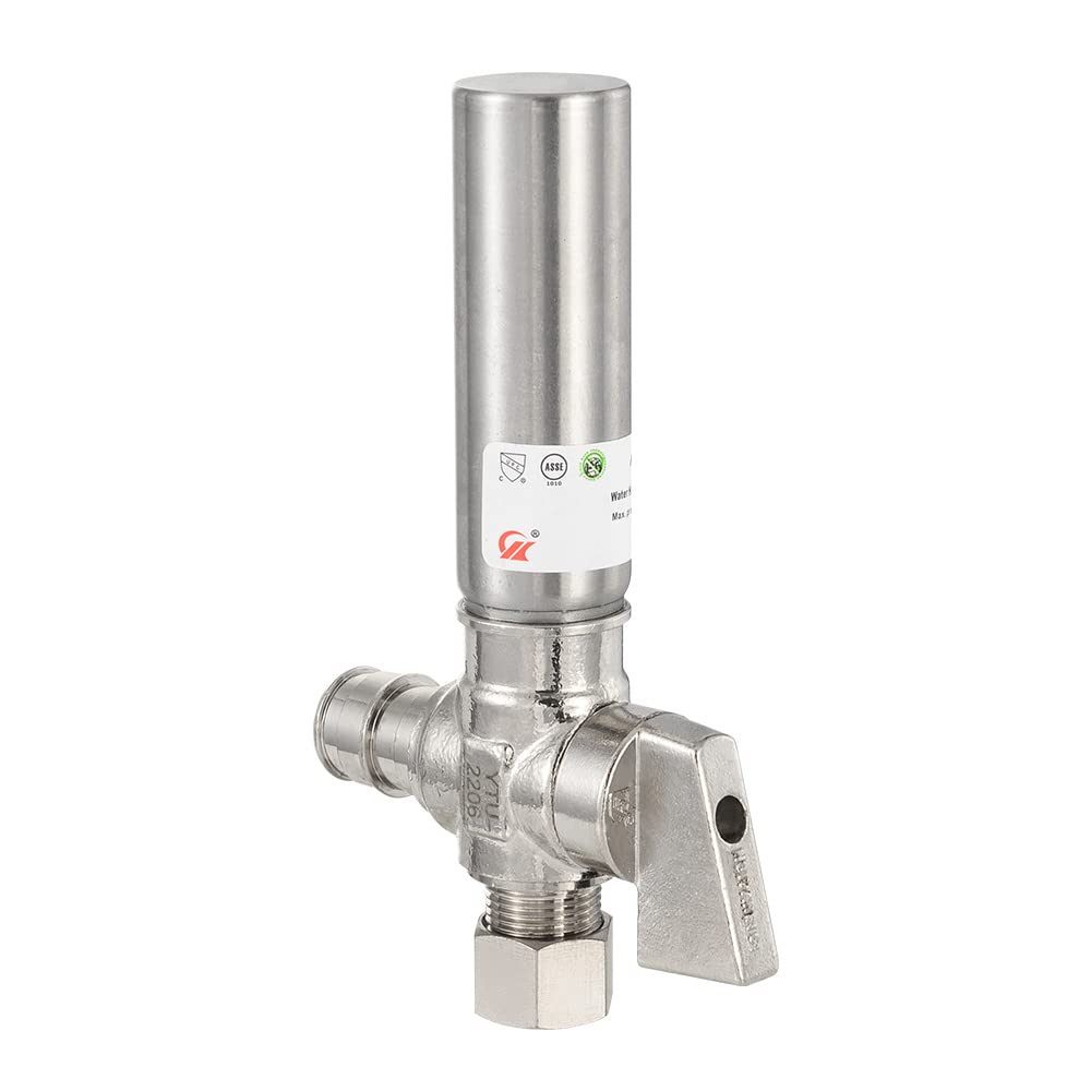 1/4 Turn PEX-A Cold Expansion Stop Angle Valve, 1/2" PEX Expansion x 3/8" OD With Stainless Steel Water Hammer Arrestor, Chrome Plated Brass