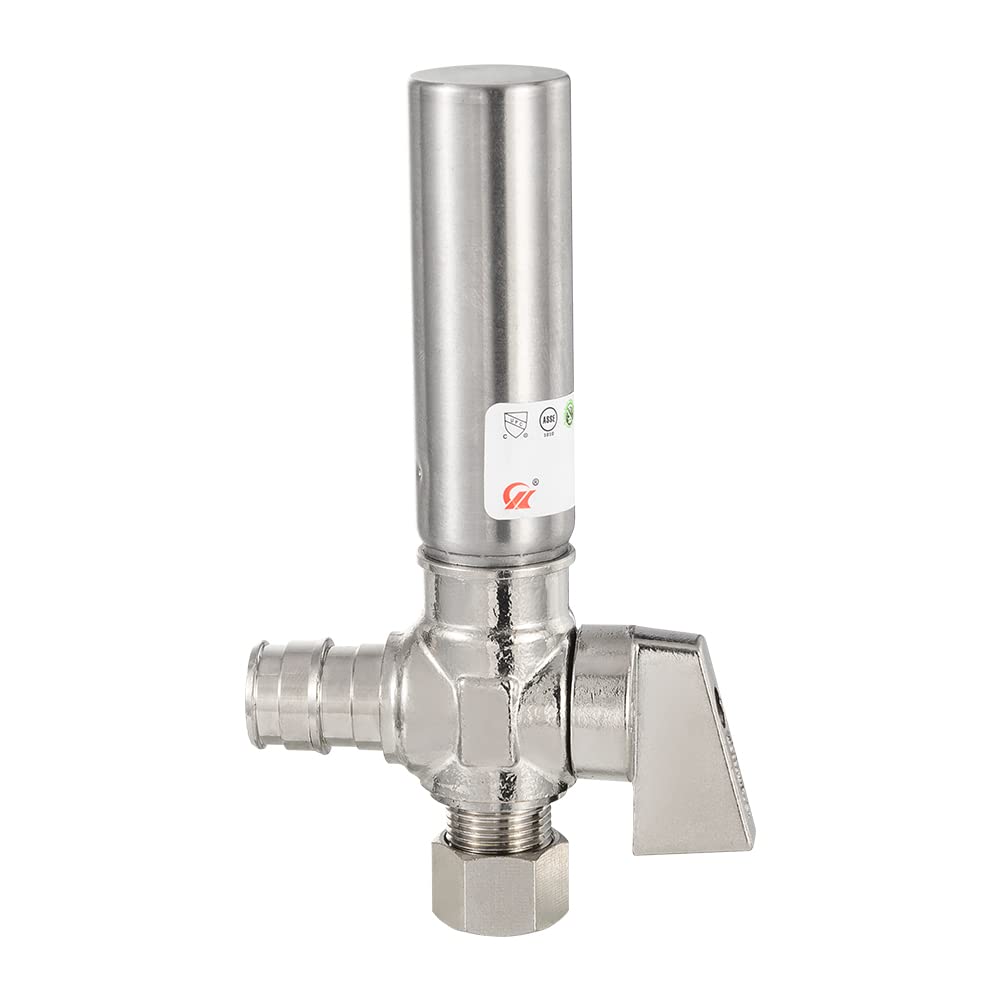 1/4 Turn PEX-A Cold Expansion Stop Angle Valve, 1/2" PEX Expansion x 3/8" OD With Stainless Steel Water Hammer Arrestor, Chrome Plated Brass