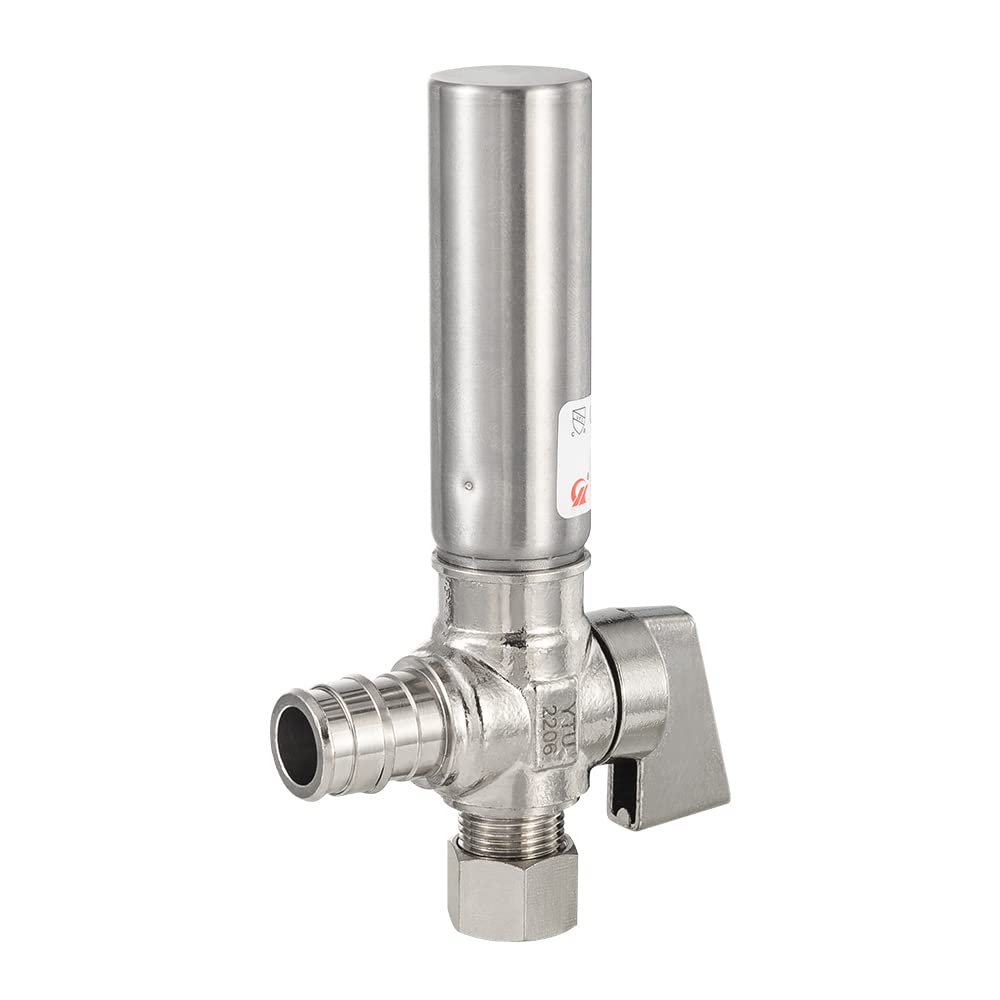1/4 Turn PEX-A Cold Expansion Stop Angle Valve, 1/2" PEX Expansion x 3/8" OD With Stainless Steel Water Hammer Arrestor, Chrome Plated Brass