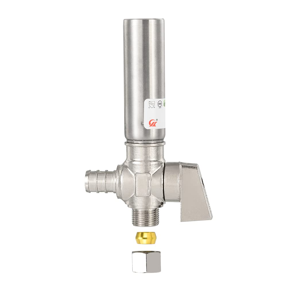 1/4 Turn Stop Angle Valve, 1/2" Barb Crimp PEX x 3/8" OD With Stainless Steel Water Hammer Arrestor, Chrome Plated Brass