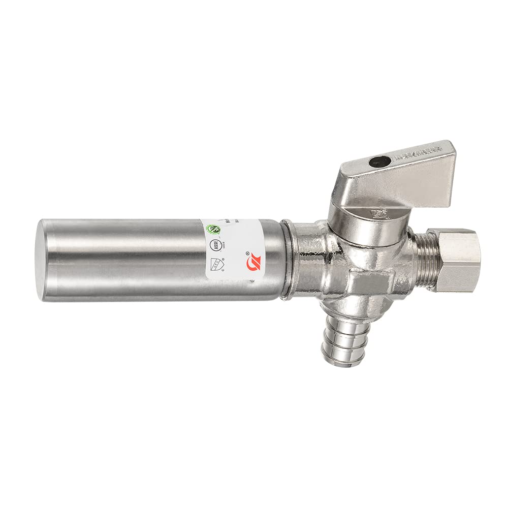 1/4 Turn Stop Angle Valve, 1/2" Barb Crimp PEX x 3/8" OD With Stainless Steel Water Hammer Arrestor, Chrome Plated Brass
