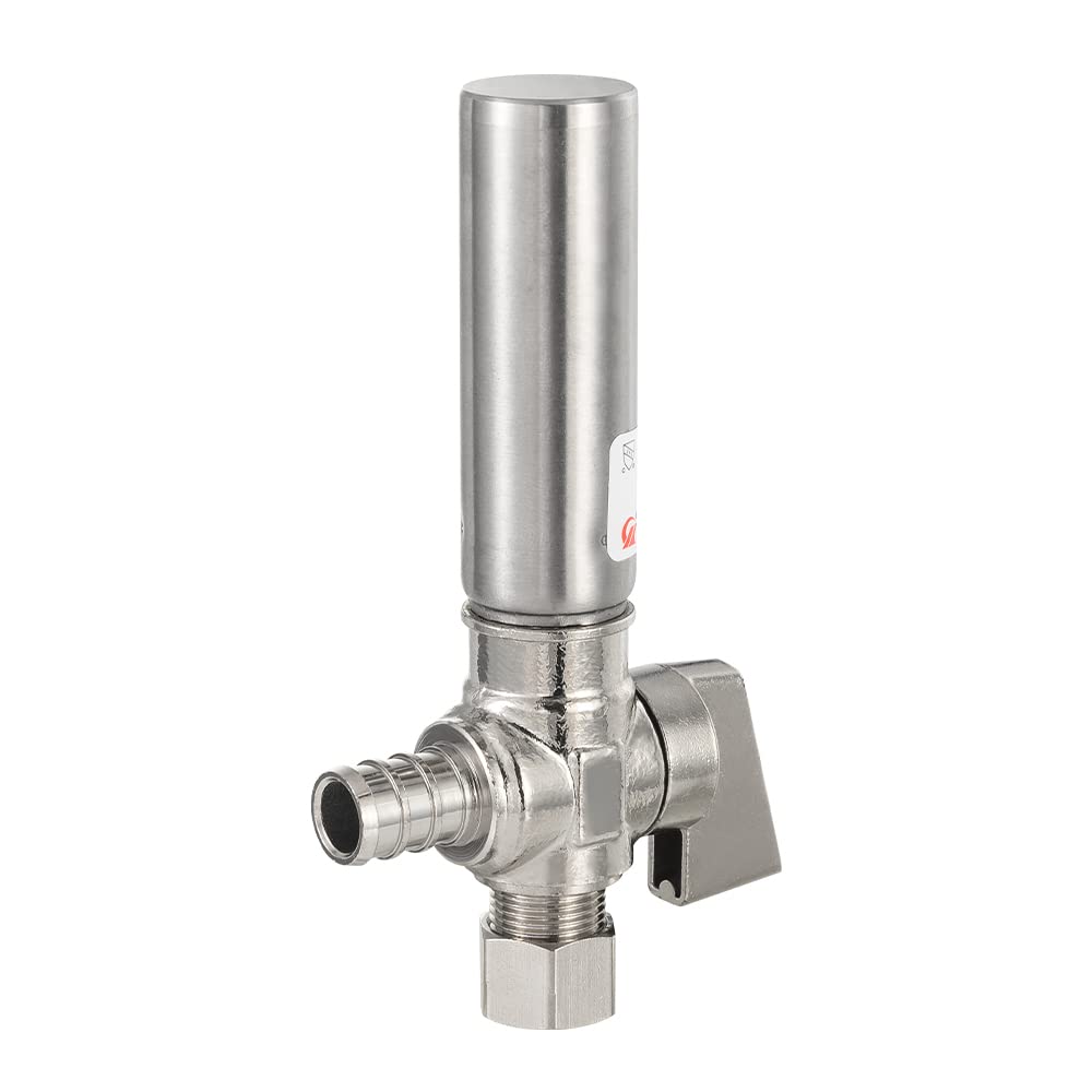 1/4 Turn Stop Angle Valve, 1/2" Barb Crimp PEX x 3/8" OD With Stainless Steel Water Hammer Arrestor, Chrome Plated Brass