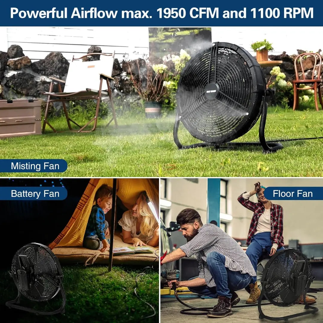 BILT HARD 16 Inch Outdoor Portable Misting Fan, Battery Operated Misting Fan with 15600mAh Detachable Battery & Misting Function, Outside Rechargeable Portable Floor Fan