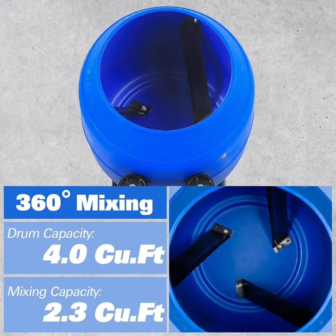 BILT HARD Electric Cement Mixer, 4 Cu.Ft. Poly Drum Concrete Mixer Heavy Duty, Portable Power Cement Mixing Tools for Stucco, Mortar, Fodder