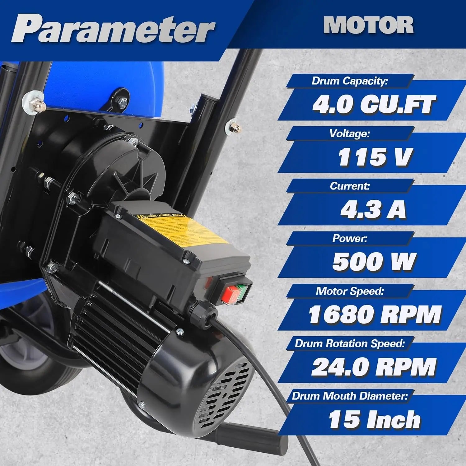 BILT HARD Electric Cement Mixer, 4 Cu.Ft. Poly Drum Concrete Mixer Heavy Duty, Portable Power Cement Mixing Tools for Stucco, Mortar, Fodder
