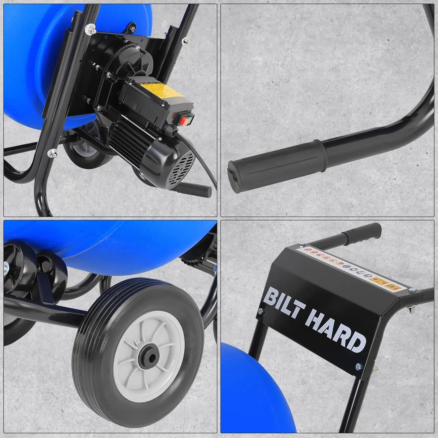 BILT HARD Electric Cement Mixer, 4 Cu.Ft. Poly Drum Concrete Mixer Heavy Duty, Portable Power Cement Mixing Tools for Stucco, Mortar, Fodder