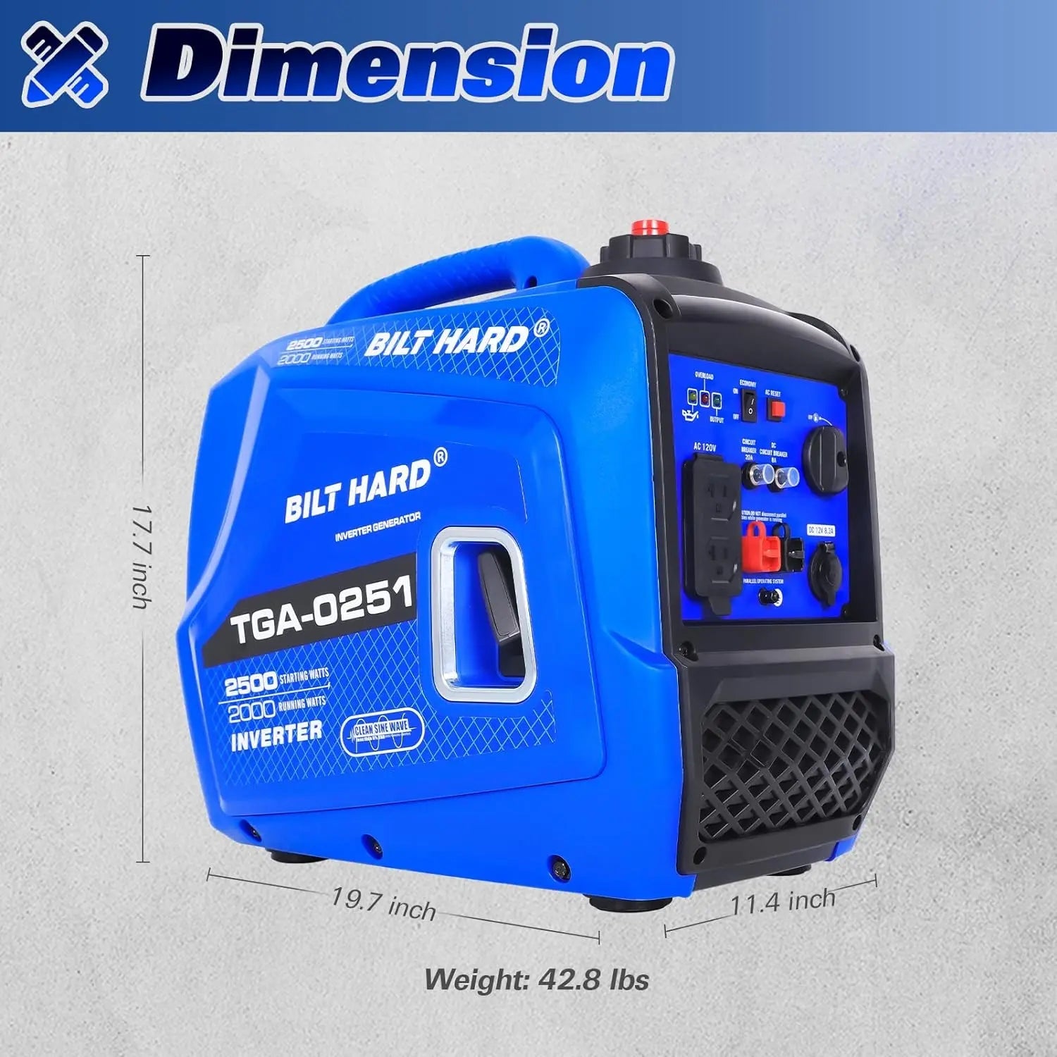 BILT HARD Generator 2500 Watt, Quiet Inverter Portable Generator 80cc 4 Stroke Engine, 120V AC Duplex Receptacle and 12V DC Output, Outdoor Generators for Home Backup Use and RV Ready