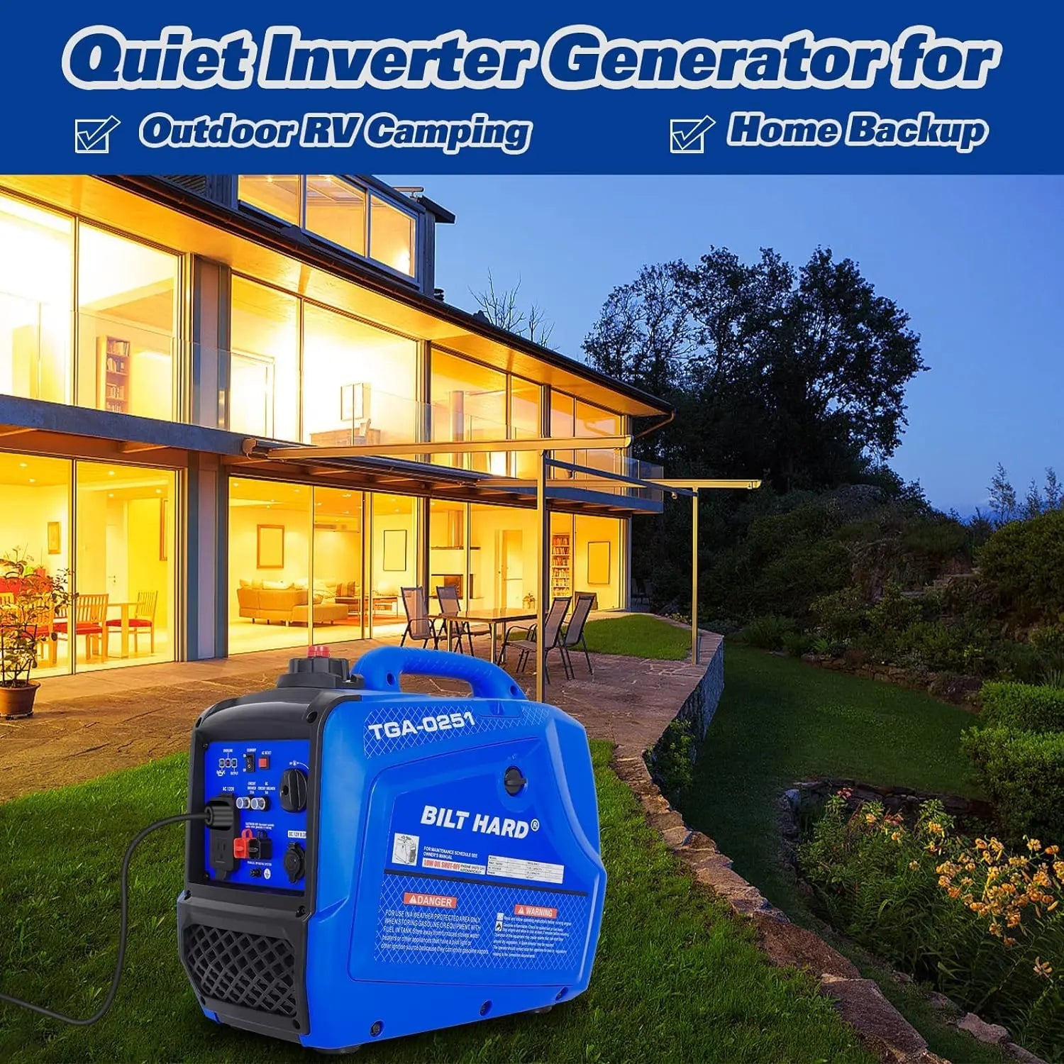 BILT HARD Generator 2500 Watt, Quiet Inverter Portable Generator 80cc 4 Stroke Engine, 120V AC Duplex Receptacle and 12V DC Output, Outdoor Generators for Home Backup Use and RV Ready