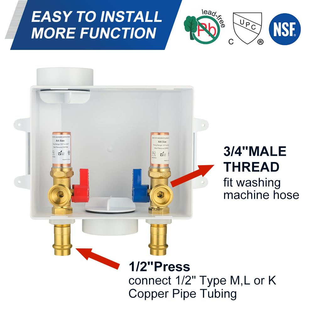 1/2" Copper Press Inlet, Washing Machine Outlet Box, with Copper Water Hammer Arrestor, Center Drain