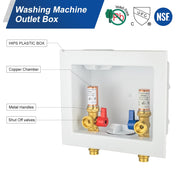 1/2" Copper Press Inlet, Washing Machine Outlet Box, with Copper Water Hammer Arrestor, Center Drain