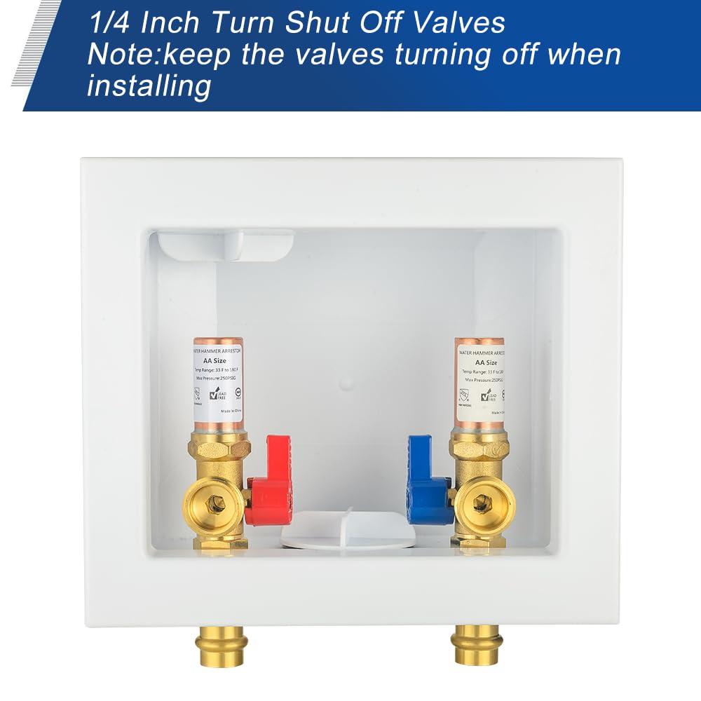 1/2" Copper Press Inlet, Washing Machine Outlet Box, with Copper Water Hammer Arrestor, Center Drain