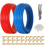 3/4" 2 x100ft, 200ft PEX-A Tubing (Blue & Red), 3/4" Brass Expansion Elbow & Tee &Coupler (30 PCS), 3/4" Expansion Rings (100 PCS), Pipe Cutter (3/4")