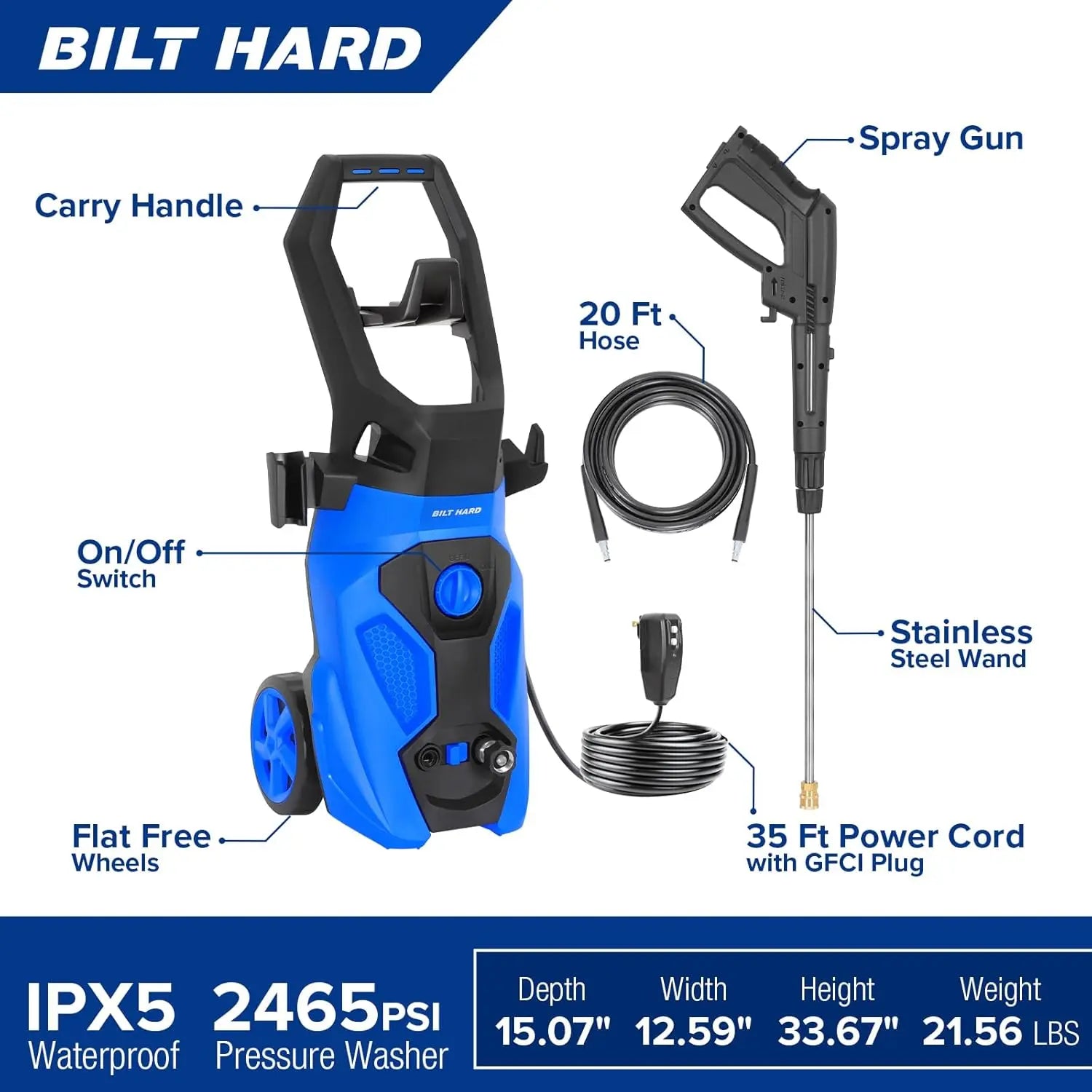 Electric Pressure Washer, 2465 PSI 1.76 GPM Power Washer, 5-Nozzle Set, Built-in Soap Tank, 20 Ft Hose, 35 Ft Power Cord, Stainless Steel Wand, for Cars, Driveway, Home, Patios