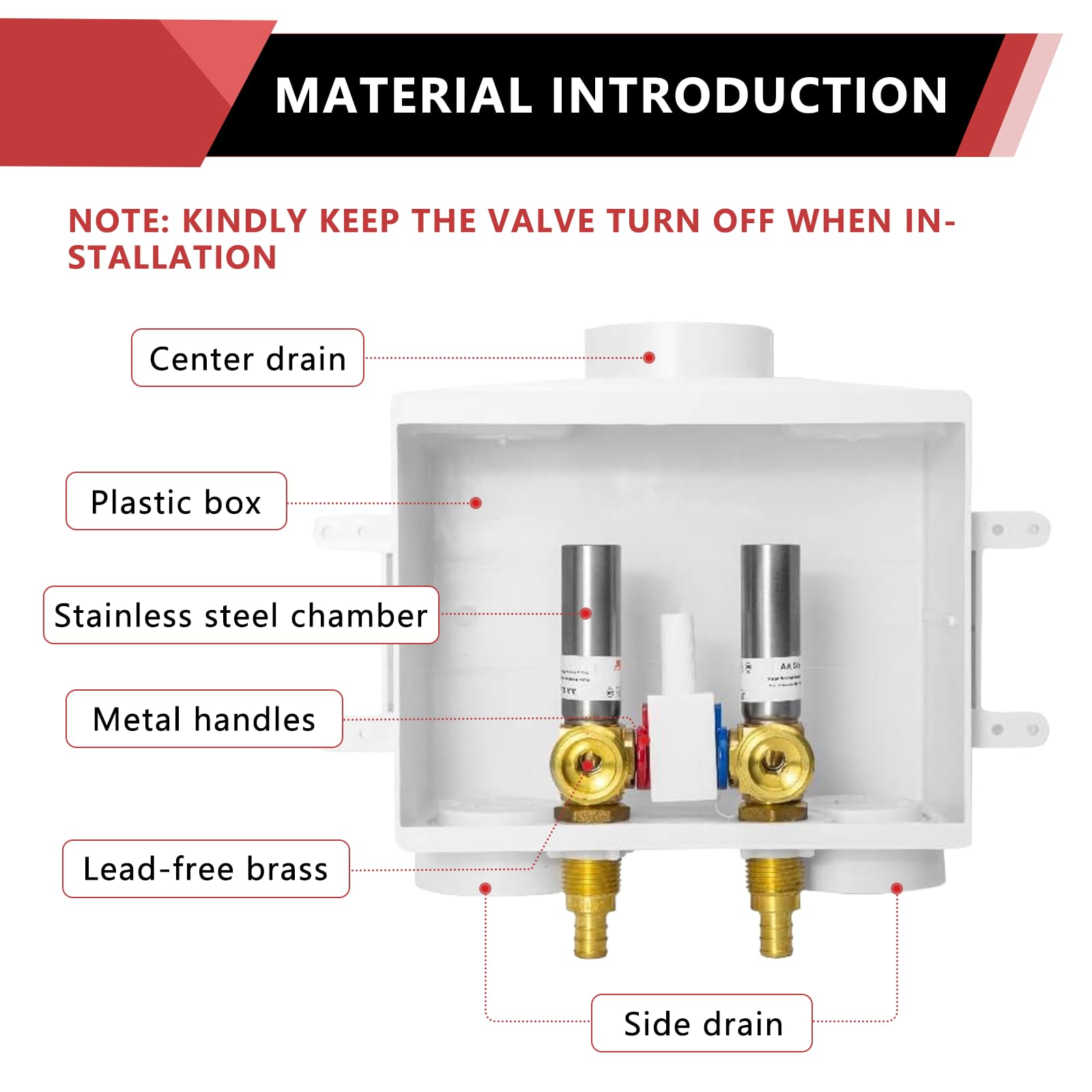 1/2" PEX Crimp (F1807) Inlet, Washing Machine Outlet Box, Single Control Valve, with SS Hammer Arrestor