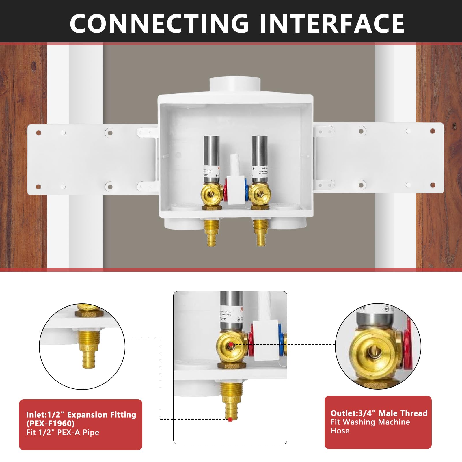 1/2" PEX Expansion (F1960) Inlet, Washing Machine Outlet Box, Single Control Valve, with SS Hammer Arrestor