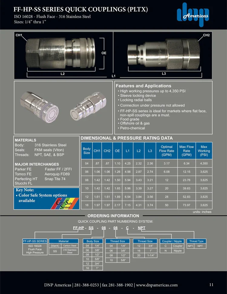 FF-HP-SS-06-08C | Flush Face Quick Coupling (316 Stainless Steel), 3/8" Nipple Body X 1/2" NPT Threads