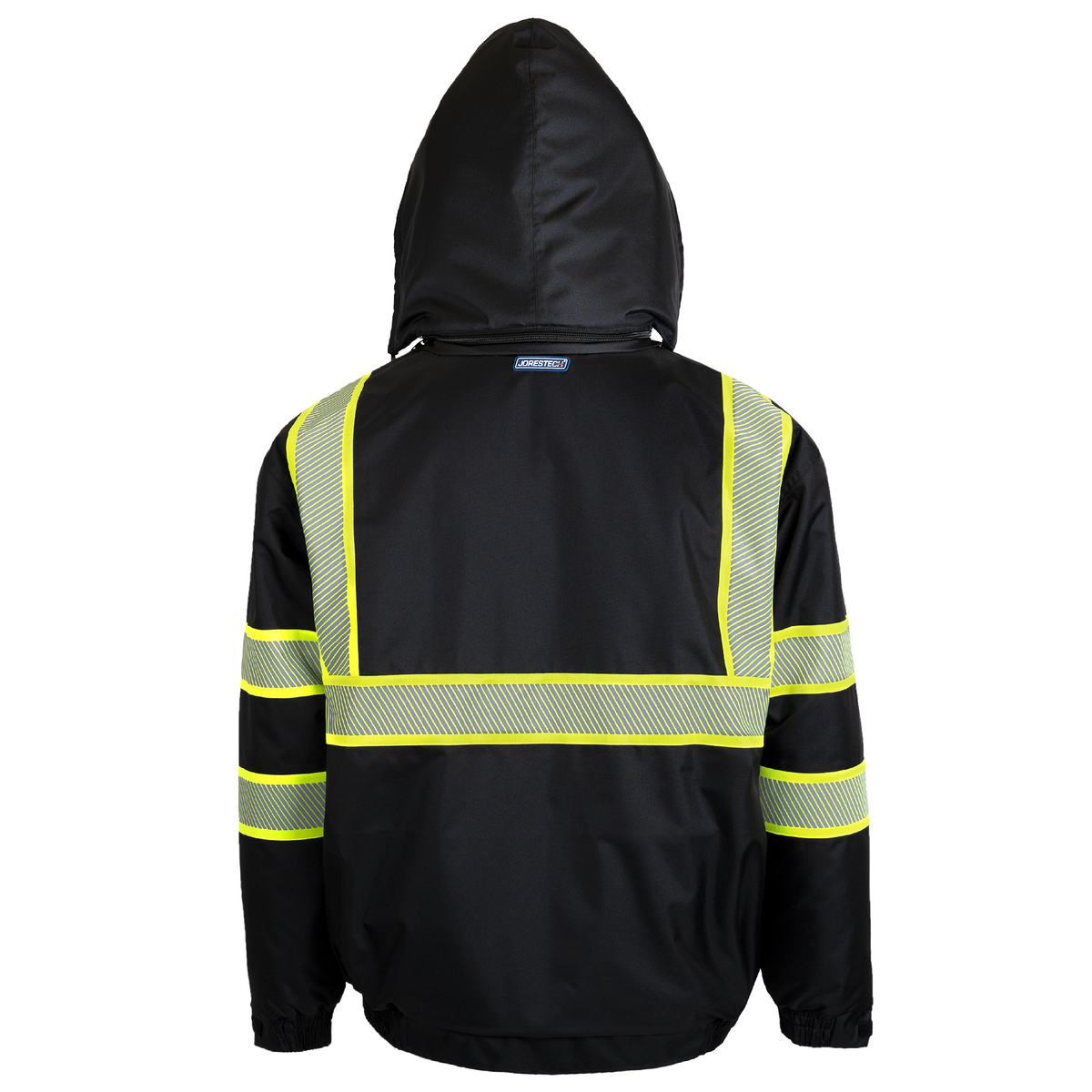 Hi-Vis Safety Jacket with Heat-Transfer Reflective Tapes and Removable Hood