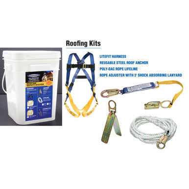 K111201 50ft Basic Roofing Kit with Pass-thru Buckle Harness contains all of the fall protection products necessary for safe working and code compliance for roofing application by Werner