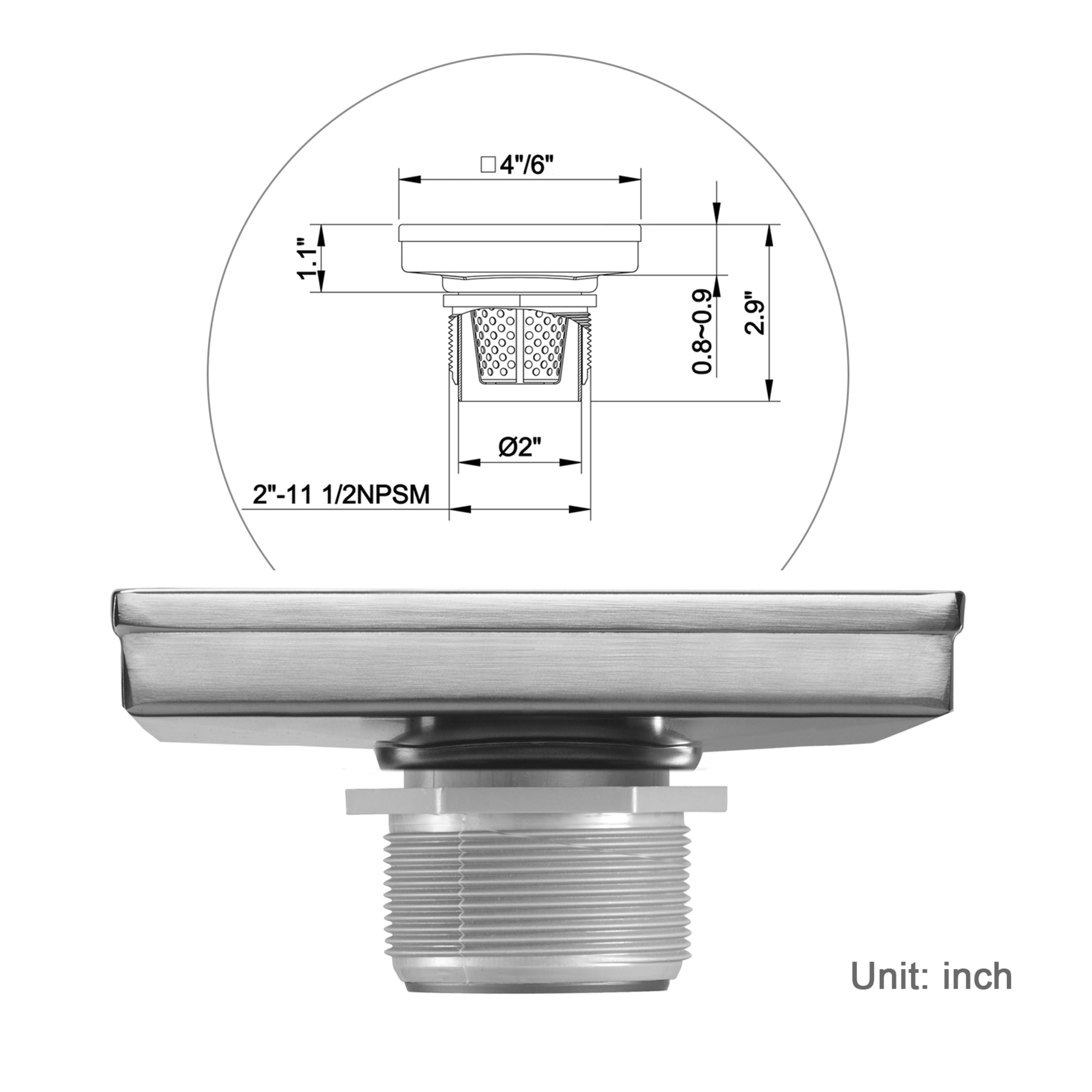 6" Square Shower Drain with Removable Grate Brushed Polished 304 Stainless Steel Shower Drain Floor Shower Drain with Hair Strainer Adjustable Levellingft