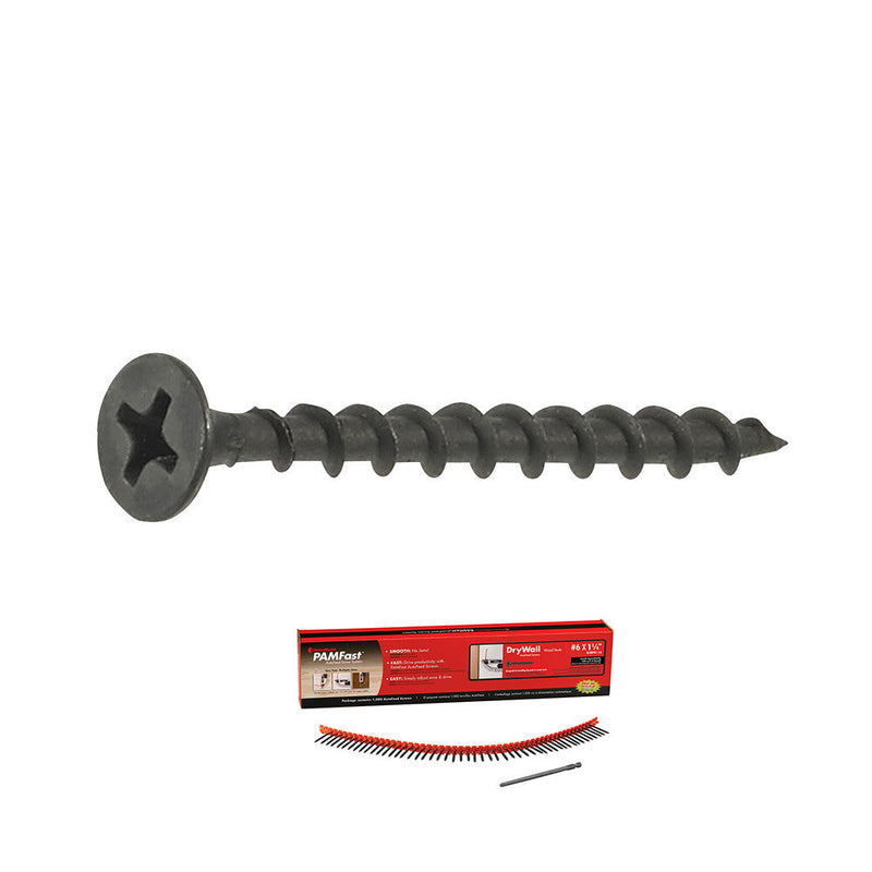 #6 x 1 5/8 PAMFast #2 Phillips Drywall to Wood Stud Autofeed Screws Black - Carton – Phosphate (1000)