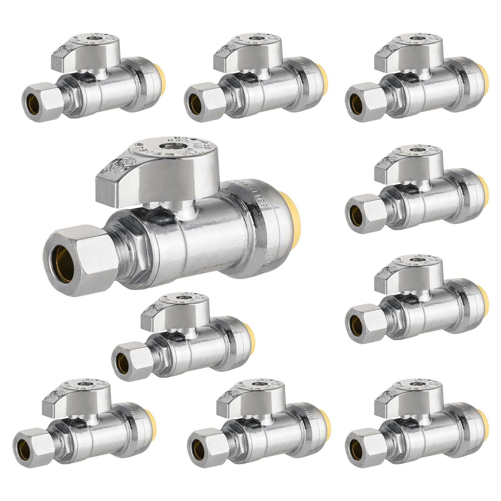 10 Pcs 1/2" Push Connect x 3/8" Compr. Straight Stop Valve, New Handle, 1/4 Turn (Lead Free)