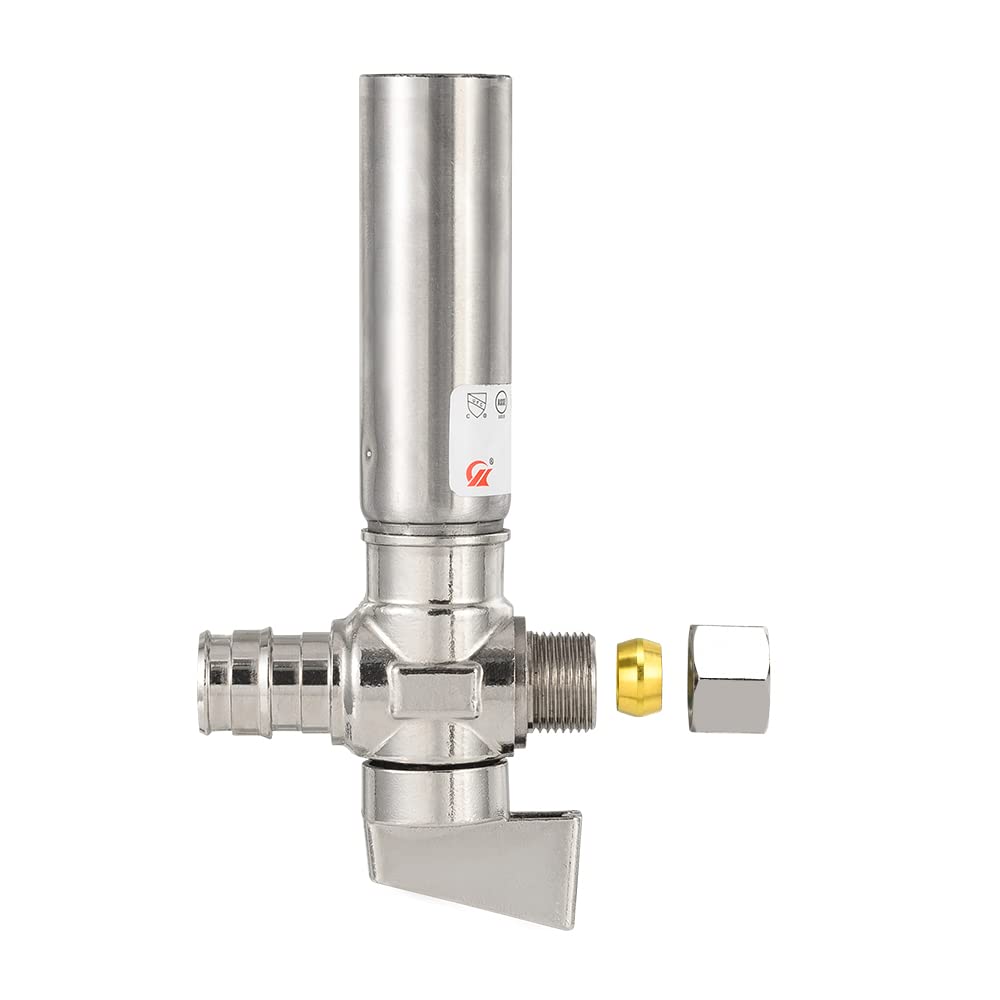1/4 Turn PEX-A Cold Expansion Stop Straight Valve, 1/2" PEX-A x 3/8" OD With Stainless Steel Water Hammer Arrestor, Chrome Plated Brass
