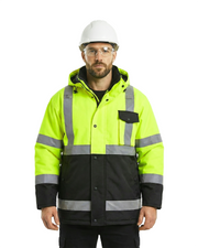 Kiwi High Visibility Hooded & Quilt Lined ANSI/ISEA 107-2020, Type R, Class 3 Two Tone Water Resistant Neon Safety Jacket [71300]