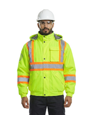 Kiwi High Visibility Hooded & Sherpa Lined ANSI/ISEA 107-2020, Type R, Class 3 Contrast Trimmed Water Resistant Neon Safety Jacket [71100]