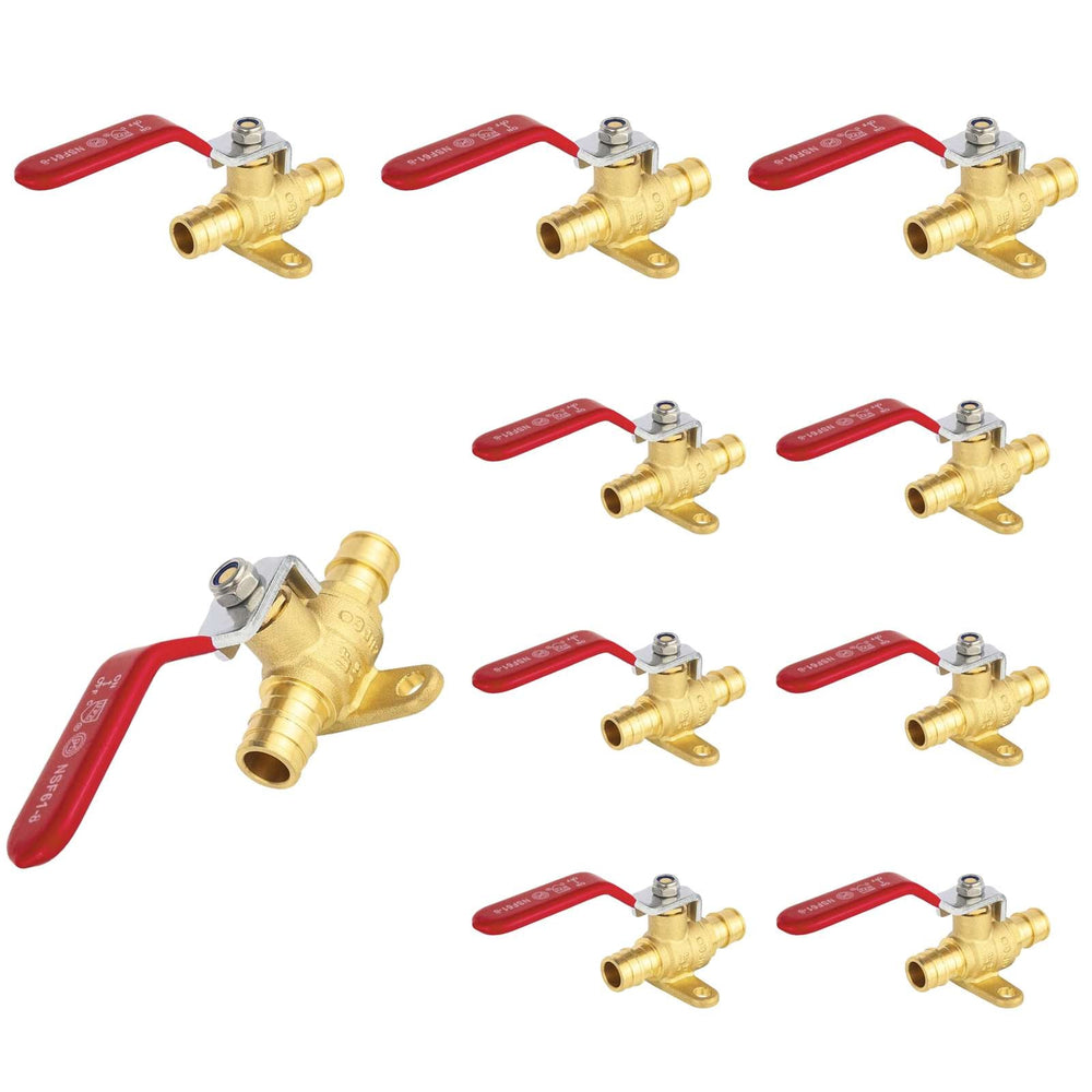 10 Pcs 1/2" PEX Crimp Drop Ear Ball Valve, Red (Lead Free)