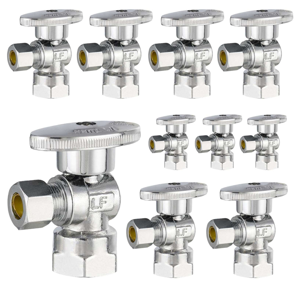 10 Pcs 1/2" FIP x 3/8" OD Compr. Angle Stop Valve, 1/4 Turn (Lead Free)