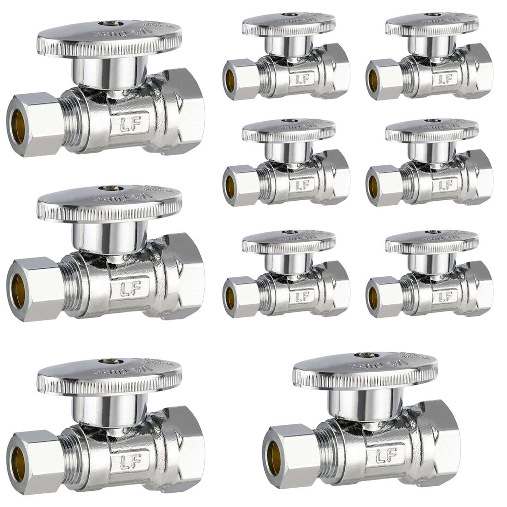 10 Pcs 1/2" FIP x 3/8" OD Compr. Straight Stop Valve, 1/4 Turn (Lead Free)
