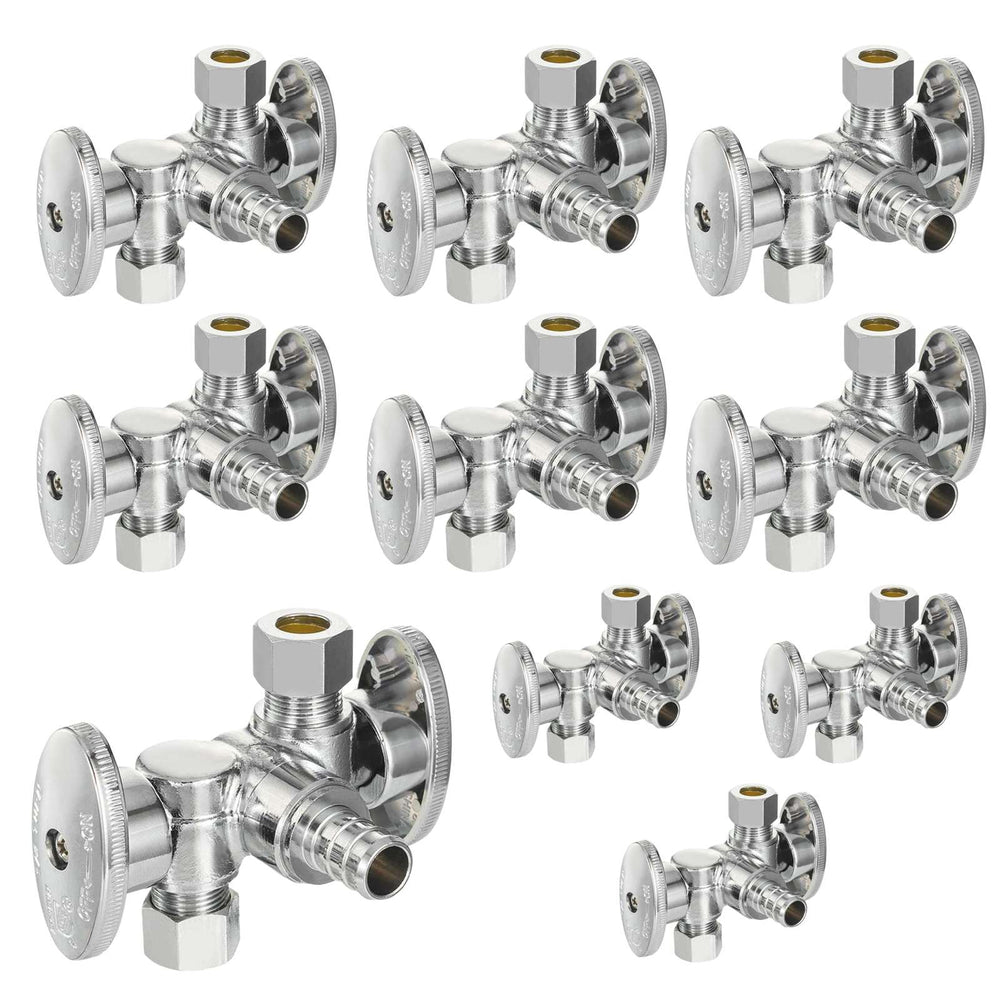 10 Pcs 1/2" PEX Crimp x 3/8" OD Compr. x 3/8" OD Compr. Dual Stop Valve, 1/4 Turn (Lead Free)