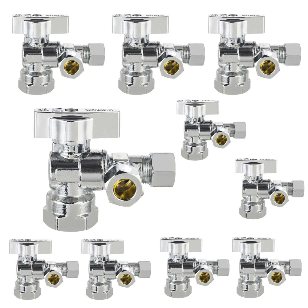 10 Pcs 1/2" NOM (5/8" OD) Inlet x 3/8" OD Outlet x 3/8" OD Outlet Split Angle Stop Valve, 1/4 Turn (Lead Free)