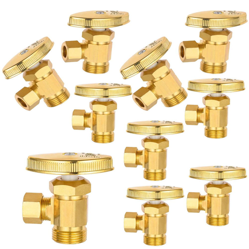 10 Pcs 1/2" Nominal (5/8" OD) Comprx 3/8" OD Compr. Angle Stop Valve, Multi Turn, Brushed Brass (Lead Free)