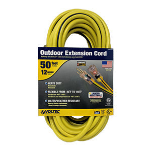 Voltec 50' Yellow 12/3 3-Conductor Lighted End Extension Cord - 300V