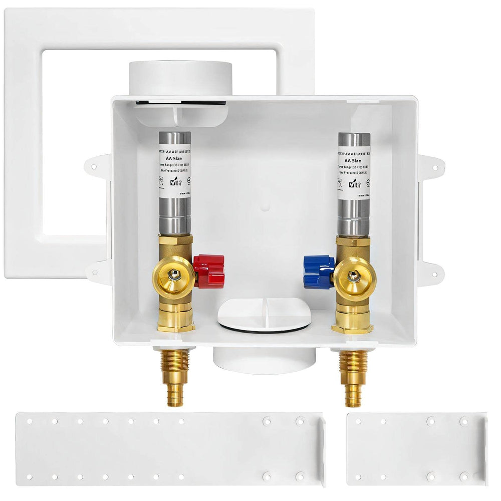 1/2" PEX Crimp (F1807) Inlet, Washing Machine Outlet Box, with Stainless Steel Water Hammer Arrestor