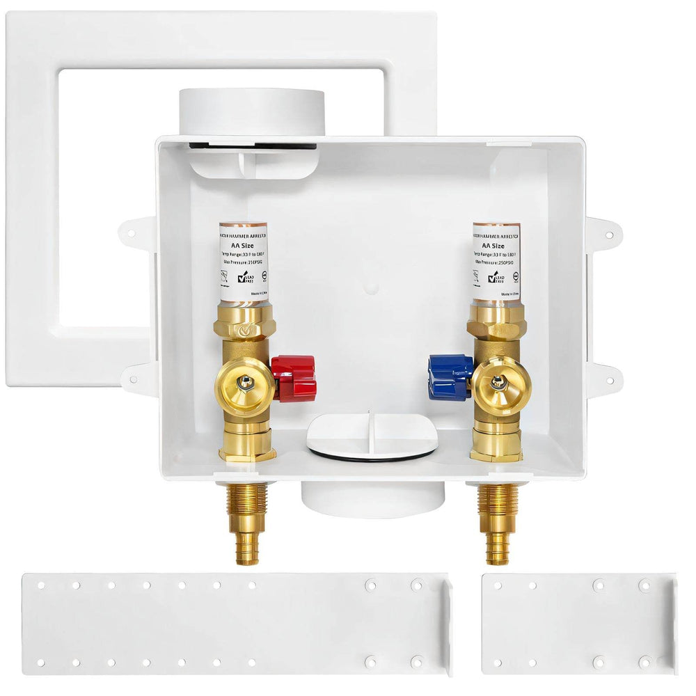 1/2" PEX Crimp (F1807) Inlet, Washing Machine Outlet Box, with Copper Water Hammer Arrestor