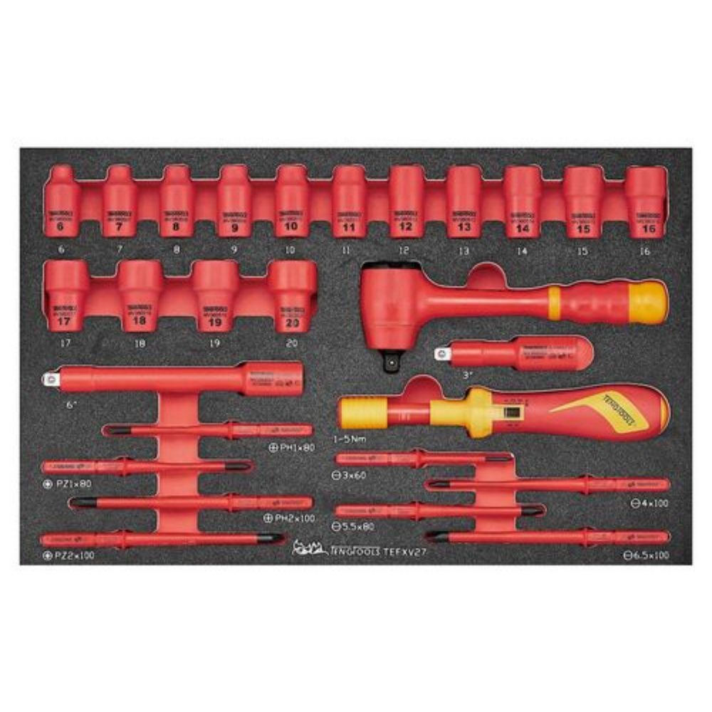 Teng Tools 27 Piece 1000 Volt Insulated 3/8 Inch Drive Ratchet, Metric 6 Point Socket, Extension Bar, Torque Screwdriver EVA Foam Tray - TEFXV27