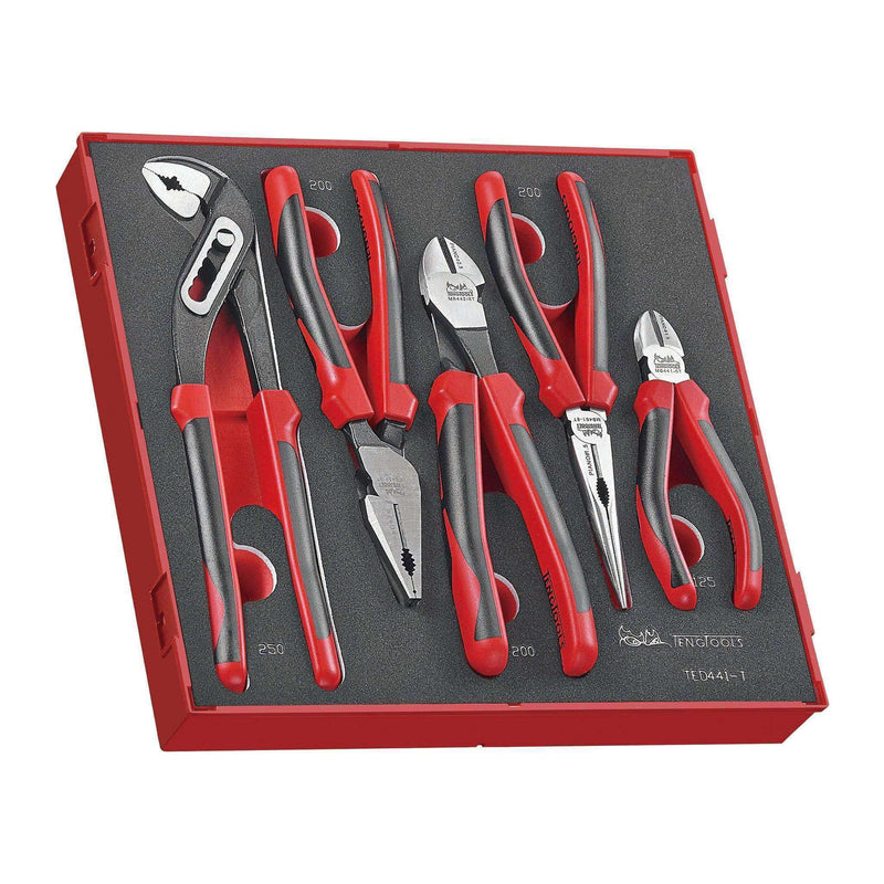 Teng Tools 5 Piece EVA Foam Plier Set (Side Cutters, Linesman, Long Nose, Water Pump) - TED441-T