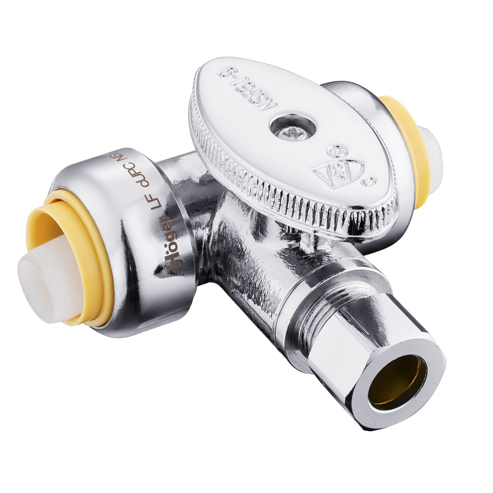 1/2" Push Connect x 1/2" Push Connect x 3/8" OD Compr. Tee Stop Valve, 1/4 Turn (Lead Free)