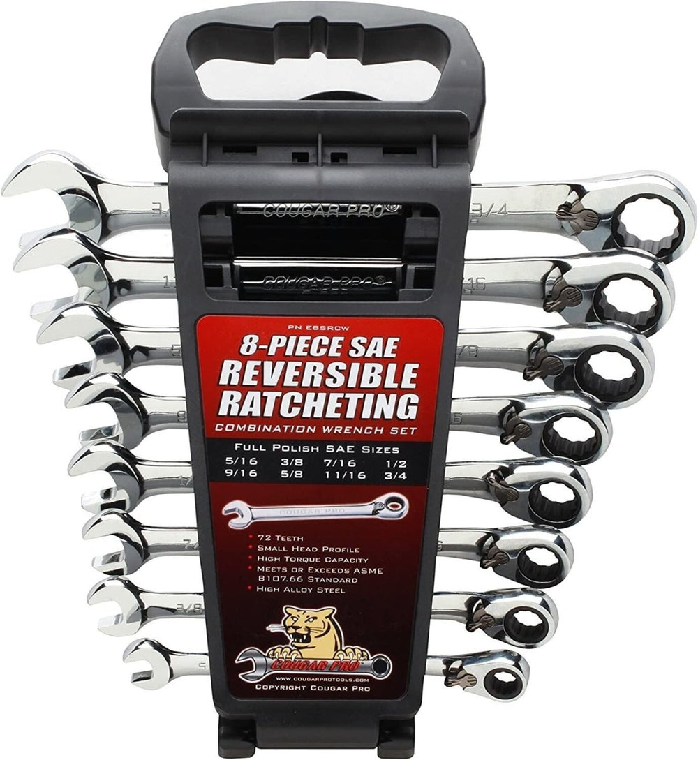 Cougar Pro Reversible Ratcheting Combination Wrench Set 8 Pieces SAE E8SRCW